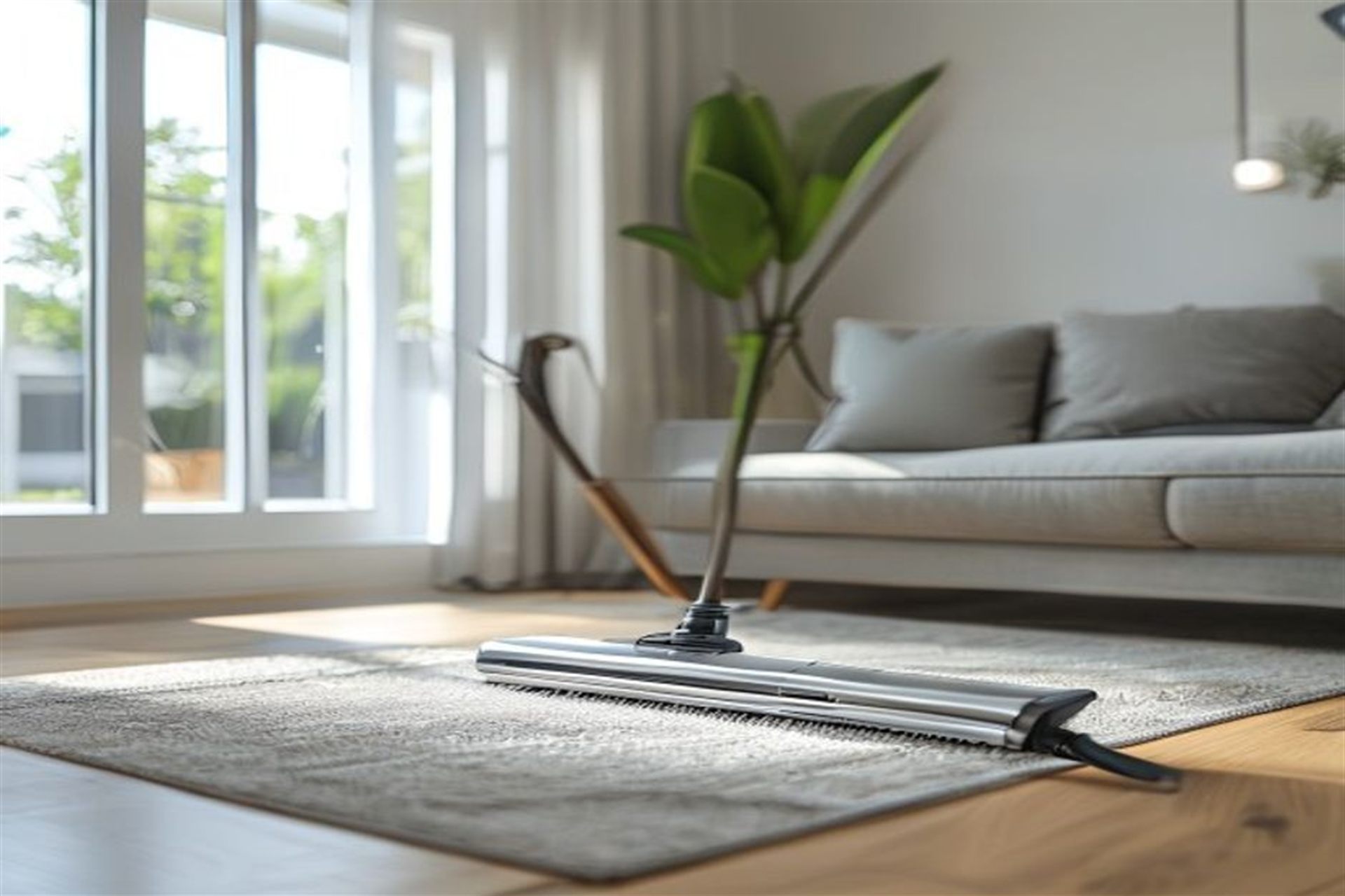 Area rug being deep-cleaned with a professional stainless-steel extraction tool