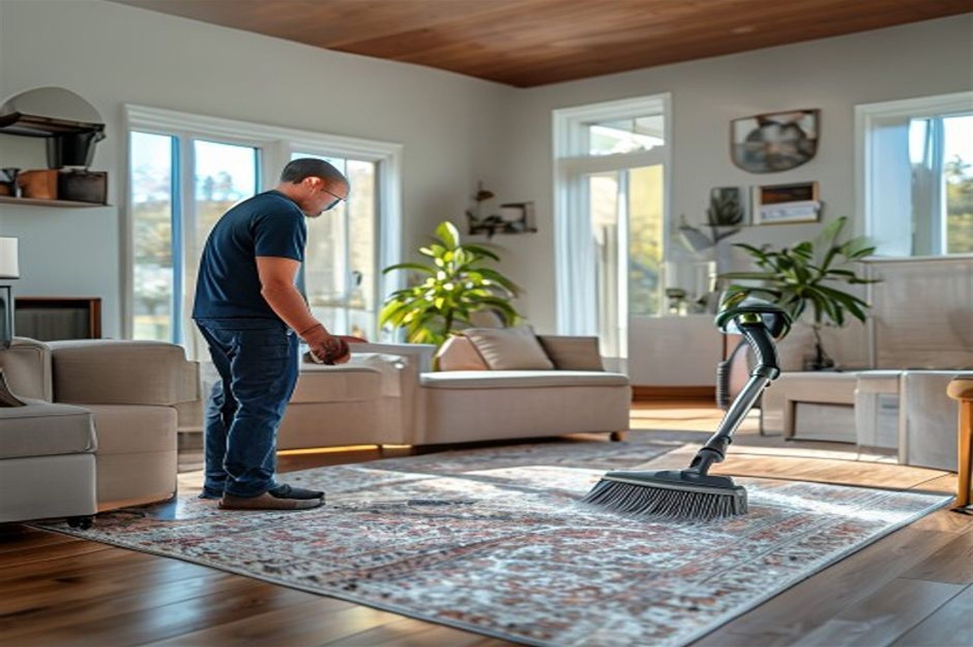 Area rug being cleaned with a professional stainless-steel extraction wand
