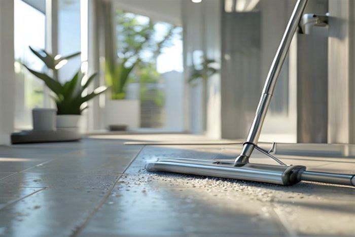 Close-up of tile and grout being cleaned with a stainless-steel tool in a Capitola property